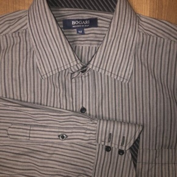 Bogari Men's Button Up Shirt Size Medium Long Sleeve Cotton Striped Black Gray - Picture 1 of 10